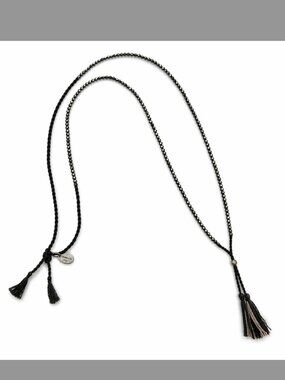 Chan Luu Long Beaded Tassel Necklace Pyrite Smoky Quartz Sterling Silver 925